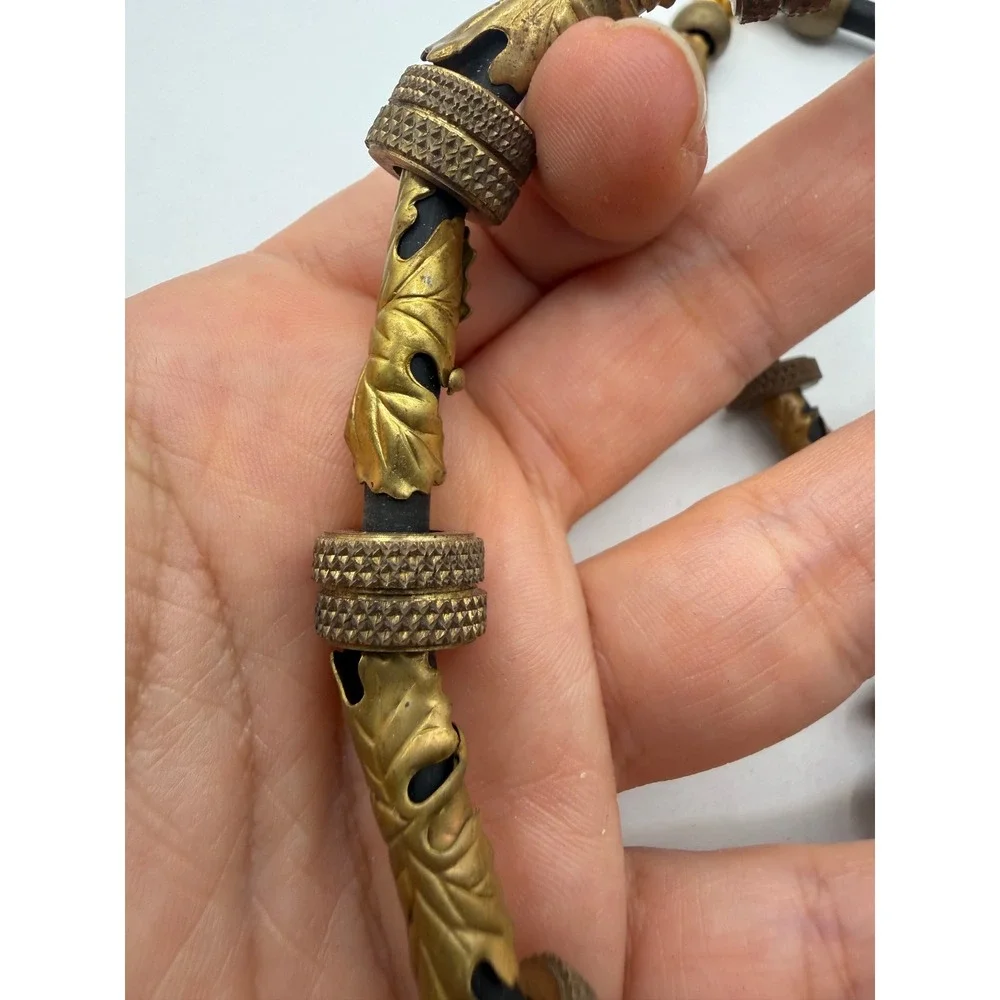 Vintage Gold‎ Tone Leaf Filigree Black Cord Choker Necklace Knurled Bead Accents